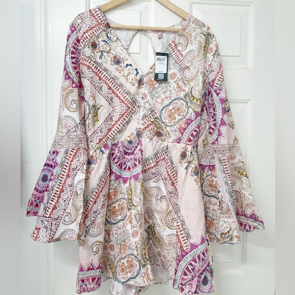 Guess Kali Paisley Cutout Long Sleeve Linen Romper L - Picture 3 of 8